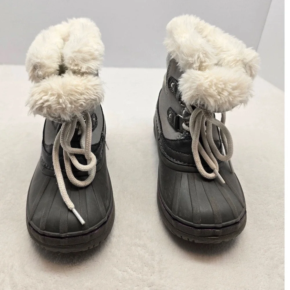 London Fog Kids Faux Fur Duck Boots Gray Black Winter Snow Shoes Size 11